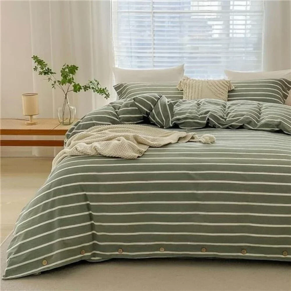 NEW West Elm Boho Green Stripe Queen / King Cotton Linen Bedding Duvet Sham Set